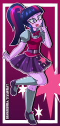 Size: 1401x2929 | Tagged: safe, artist:danmakuman, character:twilight sparkle, character:twilight sparkle (scitwi), species:eqg human, my little pony:equestria girls, bow tie, clothing, commission, cutie mark, female, glasses, looking at you, mary janes, raised leg, shoes, skirt, socks, solo