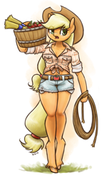 Size: 816x1400 | Tagged: safe, artist:king-kakapo, character:applejack, species:anthro, species:unguligrade anthro, apple, arm hooves, basket, belt, belt buckle, bucket, carrying, clothing, daisy dukes, female, food, front knot midriff, frown, looking at you, midriff, open mouth, rope, shirt, shorts, solo, unshorn fetlocks