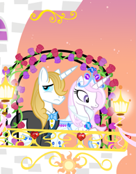 Size: 943x1200 | Tagged: safe, artist:pixelkitties, character:fleur-de-lis, character:prince blueblood, species:pony, species:unicorn, ship:fleur-de-blueblood, clothing, female, flower, jewelry, male, marriage, shipping, straight, tiara, tuxedo, wedding