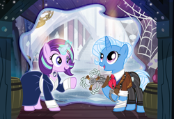 Size: 1000x684 | Tagged: safe, artist:pixelkitties, character:starlight glimmer, character:trixie, species:pony, species:unicorn, alternate hairstyle, bioshock, bioshock infinite, booker dewitt, clothing, crossover, elizabeth, female, mare, the implications are horrible, unfortunate implications