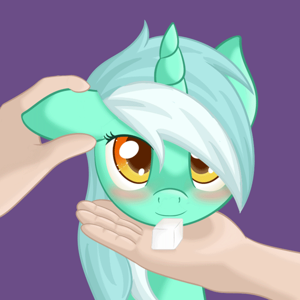 Size: 600x600 | Tagged: safe, artist:ratofdrawn, character:lyra heartstrings, species:human, species:pony, species:unicorn, animated, blinking, blushing, cute, dawwww, ear scratch, ear twitch, feeding, female, gif, hand, hnnng, licking, lyrabetes, mare, mlem, moe, offscreen character, pov, purple background, silly, simple background, smiling, sugarcube, tongue out, weapons-grade cute