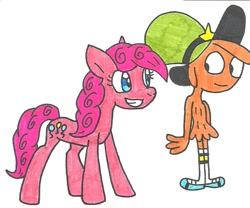 Size: 866x722 | Tagged: safe, artist:cmara, character:pinkie pie, bonding, crossover, duo, traditional art, wander (wander over yonder), wander over yonder