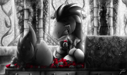 Size: 1800x1059 | Tagged: safe, artist:jamescorck, character:lucky clover, character:roseluck, fanfic:sanguine kindness, church, coffin, crying, dead, engagement ring, fanfic, fanfic art, flower, funeral, monochrome, neo noir, partial color, rose