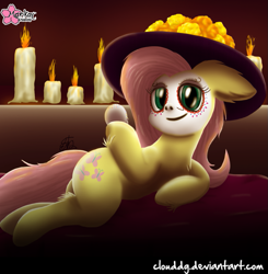 Size: 883x900 | Tagged: safe, artist:clouddg, character:fluttershy, calavera catrina, candle, cempasúchil, dia de los muertos, face paint, female, looking at you, smiling, solo