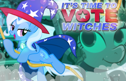 Size: 900x582 | Tagged: safe, artist:pixelkitties, character:trixie, species:pony, species:unicorn, cape, clothing, female, hat, lidded eyes, looking back, open mouth, smiling, solo, statue of liberty, swinging, witch