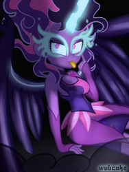 Size: 1024x1365 | Tagged: safe, artist:wubcakeva, character:midnight sparkle, character:twilight sparkle, character:twilight sparkle (scitwi), species:eqg human, equestria girls:friendship games, g4, my little pony: equestria girls, my little pony:equestria girls, bare shoulders, clothing, female, midnight sparkle, mocking, sitting, sleeveless, solo, strapless, tongue out