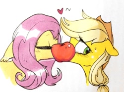 Size: 1376x1024 | Tagged: safe, artist:swaybat, character:applejack, character:fluttershy, species:earth pony, species:pegasus, species:pony, ship:appleshy, apple, applejack's hat, clothing, cowboy hat, eyes closed, female, floppy ears, food, hat, heart, kissing, lesbian, mare, shipping