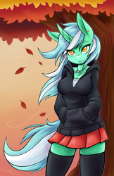 Size: 1155x1785 | Tagged: safe, artist:ambris, character:lyra heartstrings, species:anthro, adorasexy, autumn, blushing, breasts, busty lyra heartstrings, cleavage, clothing, curved horn, cute, cutie mark necklace, dig the swell hoodie, ear piercing, earring, female, hoodie, implied lesbian, implied lyrabon, implied shipping, jewelry, lidded eyes, looking at you, lyrabetes, necklace, outdoors, piercing, sexy, short skirt, skirt, smiling, socks, solo, stockings, sweater, thigh highs, tree, wind, zettai ryouiki