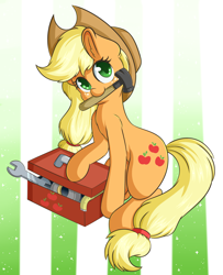 Size: 1280x1573 | Tagged: safe, artist:wickedsilly, character:applejack, anatomically incorrect, cute, female, jackabetes, mouth hold, solo, toolbox, tools