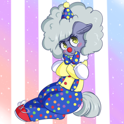 Size: 1280x1280 | Tagged: safe, artist:wickedsilly, character:limestone pie, blush sticker, blushing, clothing, clown, costume, crossed hooves, cute, ear fluff, female, grump, limabetes, looking at you, solo