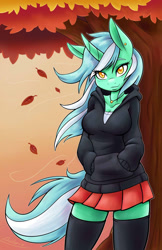 Size: 825x1275 | Tagged: safe, artist:ambris, edit, character:lyra heartstrings, species:anthro, autumn, breasts, busty lyra heartstrings, clothing, colored pupils, cute, dig the swell hoodie, female, hoodie, jewelry, lyrabetes, necklace, skirt, socks, solo, stockings, thigh highs, tree, zettai ryouiki