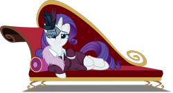Size: 6000x3231 | Tagged: safe, artist:dashiesparkle, character:rarity, species:pony, species:unicorn, episode:rarity investigates, g4, my little pony: friendship is magic, detective rarity, fainting couch, female, mare, seductive pose, simple background, smiling, solo, sultry pose, transparent background, vector