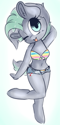 Size: 933x1920 | Tagged: safe, artist:wickedsilly, oc, oc only, oc:kahuna, species:anthro, species:unguligrade anthro, ;p, belly button, bikini, bikini top, booty shorts, chibi, clothing, midriff, open fly, solo, swimsuit, tongue out