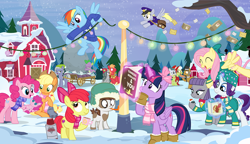 Size: 1600x919 | Tagged: safe, artist:pixelkitties, character:apple bloom, character:applejack, character:big mcintosh, character:boulder, character:cloudy quartz, character:derpy hooves, character:fluttershy, character:granny smith, character:igneous rock pie, character:limestone pie, character:marble pie, character:pinkie pie, character:pipsqueak, character:rainbow dash, character:rarity, character:spike, character:twilight sparkle, character:twilight sparkle (alicorn), species:alicorn, species:pony, ship:marblemac, apple, apple pie, book, bow, chocolate, christmas, christmas card, christmas lights, christmas sweater, clothing, cutie mark, earmuffs, female, filly, flask, flying, food, hat, hearth's warming, holder's boulder, hot chocolate, magic, mail, mailmare, male, mane seven, mane six, mug, pie, pie family, pie sisters, plushie, ponytones outfit, quartzrock, reading, rock, scarf, shipping, show accurate, snow, straight, sweater, sweatershy, sweet apple acres, telekinesis, the cmc's cutie marks, thermos, tongue stuck to pole, trailer, wall of tags, winter, wonderbolts logo