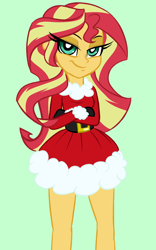 Size: 1000x1600 | Tagged: safe, artist:wubcakeva, character:sunset shimmer, my little pony:equestria girls, belt buckle, christmas, clothing, costume, crossed arms, cute, dress, eyelashes, female, gloves, green eyes, lidded eyes, looking at you, santa costume, shimmerbetes, smiling, smirk, solo