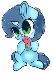 Size: 1280x1769 | Tagged: safe, artist:wickedsilly, oc, oc only, oc:sweet cakes, species:pony, species:unicorn, chibi, cute, eating, food, nom, ocbetes, solo, watermelon