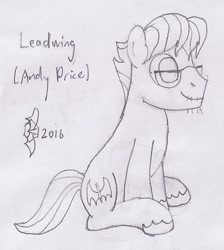 Size: 729x815 | Tagged: safe, artist:parclytaxel, character:leadwing, species:earth pony, species:pony, andy price, facial hair, glasses, lineart, male, monochrome, pencil drawing, sitting, smiling, solo, traditional art, unshorn fetlocks