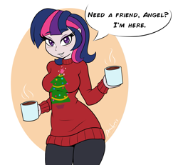 Size: 907x838 | Tagged: safe, artist:ambris, character:twilight sparkle, species:human, abstract background, blushing, christmas sweater, clothing, colored pupils, curvy, dialogue, female, hourglass figure, humanized, looking at you, mug, solo, speech bubble, steam, sweater, talking to viewer, thighlight sparkle, thunder thighs