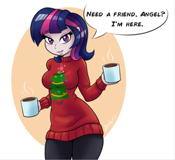 Size: 914x838 | Tagged: safe, artist:ambris, character:twilight sparkle, species:human, abstract background, blushing, christmas sweater, clothing, colored pupils, curvy, dialogue, female, hourglass figure, humanized, looking at you, mug, smiling, solo, speech bubble, steam, sweater, talking to viewer, thighlight sparkle, thunder thighs