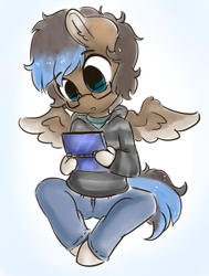 Size: 1280x1691 | Tagged: safe, artist:wickedsilly, oc, oc only, oc:playthrough, species:anthro, species:pony, 3ds, anthro oc, chibi, clothing, gamer, glasses, hoodie, intrigued, looking down, male, nerd, sitting, solo, spread wings, stallion, wide eyes, wings