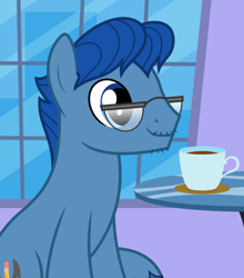 Size: 508x576 | Tagged: safe, artist:parclytaxel, character:leadwing, species:earth pony, species:pony, animated, animated png, blue, coffee, coffee cup, cup, male, saucer, sitting, solo, table, vector, window