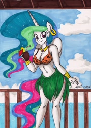 Size: 1357x1897 | Tagged: safe, artist:newyorkx3, character:princess celestia, species:alicorn, species:anthro, g4, adorasexy, belly button, bikini, breasts, busty princess celestia, cleavage, clothing, coconut, cute, female, food, grass skirt, looking at you, mare, midriff, sexy, signature, smiling, solo, solo female, swimsuit, traditional art