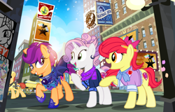 Size: 1300x830 | Tagged: safe, artist:pixelkitties, character:apple bloom, character:gummy, character:nightmare moon, character:princess celestia, character:princess luna, character:scootaloo, character:sweetie belle, species:alicorn, species:bat pony, species:earth pony, species:pegasus, species:pony, species:unicorn, adorabloom, alternate hairstyle, background pony, billboard, bridleway, carriage, clothing, cute, cutealoo, cutie mark, cutie mark crusaders, diasweetes, ear piercing, female, hamilton, lens flare, manehattan, mare, night guard, obey, older, older apple bloom, older scootaloo, older sweetie belle, piercing, raised hoof, scar, shadowbolts, taxi, taxi pony, the cmc's cutie marks, unnamed pony