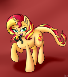 Size: 1500x1700 | Tagged: safe, artist:novaspark, character:sunset shimmer, species:pony, ear fluff, female, gradient background, lidded eyes, looking at you, monster pony, open mouth, original species, raised hoof, raised leg, red background, shadow, simple background, smiling, solo, species swap, tatzlpony, tatzlshimmer, tentacle tongue, tentacles, tongue out
