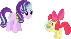 Size: 11599x6400 | Tagged: safe, artist:parclytaxel, character:apple bloom, character:starlight glimmer, species:earth pony, species:pony, species:unicorn, episode:a hearth's warming tail, g4, my little pony: friendship is magic, .svg available, absurd resolution, cupcake, female, filly, food, magic, mare, musical instrument, simple background, smiling, tambourine, telekinesis, transparent background, vector