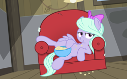 Size: 4618x2890 | Tagged: safe, artist:shoutingisfun, artist:slb94, character:flitter, species:pegasus, species:pony, absurd resolution, bored, bow, couch, eating, female, food, hair bow, lazy, mare, popcorn, show accurate, solo
