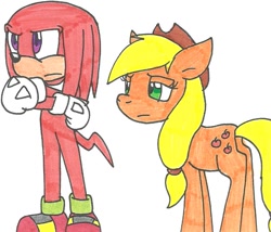 Size: 850x727 | Tagged: safe, artist:cmara, character:applejack, crossover, duo, knuckles the echidna, simple background, sonic the hedgehog (series), traditional art, white background