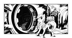 Size: 2550x1350 | Tagged: safe, artist:hobbes-maxwell, oc, oc only, oc:littlepip, species:pony, species:unicorn, fallout equestria, black and white, clothing, fanfic, fanfic art, female, grayscale, horn, looking back, mare, monochrome, pipbuck, raised hoof, solo, stable, stable 2, stable door, vault suit