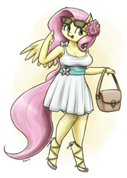 Size: 912x1280 | Tagged: safe, artist:king-kakapo, character:fluttershy, species:anthro, species:unguligrade anthro, arm hooves, breasts, cleavage, clothing, cute, dress, female, flower, flower in hair, handbag, hoof hands, open mouth, shyabetes, simple background, smiling, solo, spread wings, sundress, unshorn fetlocks, wings