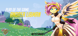 Size: 1700x800 | Tagged: safe, artist:ambris, character:fluttershy, species:anthro, clothing, crossover, female, mercy, mercyshy, overwatch, solo