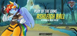 Size: 1700x800 | Tagged: safe, artist:ambris, character:rainbow dash, species:anthro, ashleigh ball, clothing, crossover, female, flight suit, goggles, gun, overwatch, play of the game, rainbow tracer, solo, tracer, weapon