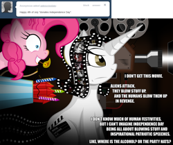 Size: 1000x834 | Tagged: safe, artist:jamescorck, character:pinkie pie, oc, oc:movie slate, american independence day, ask, fireworks, id4, independence day, party cannon, tumblr