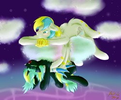 Size: 2928x2400 | Tagged: safe, artist:frist44, oc, oc only, oc:cirrus sky, oc:electro current, species:hippogriff, aurora borealis, cirrent, cloud, crossed arms, digital multimeter, sleeping, wing hold, wings