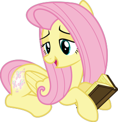 Size: 6400x6606 | Tagged: safe, artist:parclytaxel, character:fluttershy, species:pegasus, species:pony, episode:the hooffields and mccolts, g4, my little pony: friendship is magic, .svg available, absurd resolution, book, booty call, female, glowing cutie mark, mare, nonchalant, prone, simple background, smiling, solo, transparent background, vector