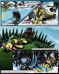 Size: 1935x2449 | Tagged: safe, artist:jamescorck, character:fluttershy, character:rainbow dash, species:pegasus, species:pony, comic:i will never leave you, army, comic, commander hurricane, flag, grimdark series, history, private pansy, sword, training, training dummy, weapon