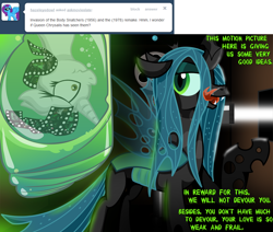 Size: 1000x849 | Tagged: safe, artist:jamescorck, character:queen chrysalis, oc, oc:movie slate, ask, invasion of the body snatchers, tumblr, upside down