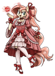 Size: 1280x1767 | Tagged: safe, artist:king-kakapo, oc, oc only, oc:ruby aura, species:anthro, species:pony, species:unguligrade anthro, species:unicorn, bow, clothing, commission, dress, frilly dress, glowing horn, high heels, lolita fashion, magic, ribbon, simple background, socks, solo, stockings, thigh highs, transparent background