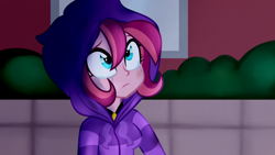 Size: 1024x576 | Tagged: safe, artist:wubcakeva, oc, oc only, oc:contralto, my little pony:equestria girls, bruised, clothing, crying, disguised siren, equestria girls-ified, hoodie, solo
