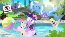 Size: 1200x689 | Tagged: safe, artist:pixelkitties, character:derpy hooves, character:gummy, character:princess celestia, character:princess luna, character:trixie, character:twilight sparkle, character:twilight sparkle (alicorn), species:alicorn, species:pony, beach ball, clothing, crepuscular rays, crown, hilarious in hindsight, inflatable, inner tube, jewelry, necklace, one-piece swimsuit, orange frog, pinklestia, regalia, shark fin, sunburn, sunglasses, swimming, swimming pool, swimsuit, umbrella drink, wordplay