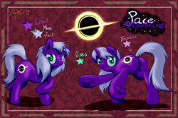 Size: 750x500 | Tagged: safe, artist:frist44, oc, oc only, oc:pace starshine, species:pony, species:unicorn, black hole, butt freckles, cutie mark, dock, freckles, looking at you, plot, raised hoof, raised leg, reference sheet, smiling, solo, stars, underhoof