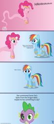 Size: 4096x9312 | Tagged: safe, artist:parclytaxel, character:pinkie pie, character:rainbow dash, character:spike, species:dragon, species:pony, .svg available, :i, absurd resolution, ain't never had friends like us, armband, ask, bottle, comic, floating, gem, genie, genie pony, gradient background, grin, headband, jewelry, laughing, looking at you, scar, smiling, tumblr, vector