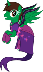 Size: 6400x10749 | Tagged: safe, artist:parclytaxel, oc, oc only, oc:frost d. tart, species:alicorn, species:pony, equestria girls:friendship games, g4, my little pony: equestria girls, my little pony:equestria girls, .svg available, absurd resolution, alicorn oc, armor, clothing, cosplay, costume, crossdressing, dress, flying, male, midnight sparkle, simple background, smiling, solo, stallion, transparent background, vector, wing armor