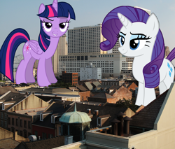 Size: 3675x3135 | Tagged: safe, artist:logan859, artist:sketchmcreations, artist:slb94, character:rarity, character:twilight sparkle, character:twilight sparkle (alicorn), species:alicorn, species:pony, species:unicorn, giant pony, highrise ponies, irl, louisiana, macro, mega twilight sparkle, new orleans, photo, ponies in real life