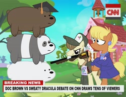Size: 1000x773 | Tagged: safe, artist:pixelkitties, character:hayseed turnip truck, character:ms. harshwhinny, cable news network, cnn, crossover, grizzly, gun, ice bear, panda (we bare bears), rifle