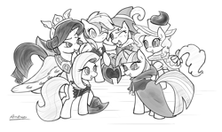 Size: 1650x984 | Tagged: safe, artist:ambris, character:applejack, character:clover the clever, character:fluttershy, character:pinkie pie, character:rainbow dash, character:rarity, character:twilight sparkle, episode:hearth's warming eve, g4, my little pony: friendship is magic, armor, chancellor puddinghead, clothing, commander hurricane, costume, hat, helmet, mane six, monochrome, princess platinum, private pansy, sketch, smart cookie