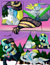 Size: 1275x1650 | Tagged: safe, artist:frist44, oc, oc only, oc:cirrus sky, oc:electro current, species:hippogriff, beanie, cirrent, clothing, comic, hat, original species, question mark, scarf, ski lift, skiing, skis, snow, talons
